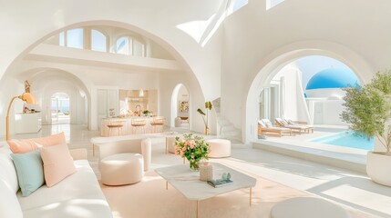 Obraz premium Luxurious beachfront home in Santorini, pure white walls, blue domes, and elegant outdoor space with pool
