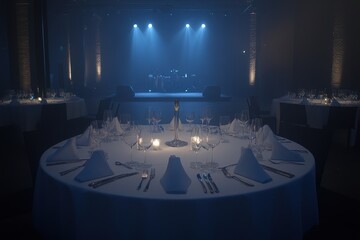Event space with set tables and stage