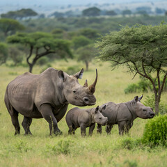 Obraz premium black rhino family with babies