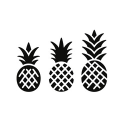 Simplified Pineapple Logo in Black Silhouette, Flat Design, Icon Set
