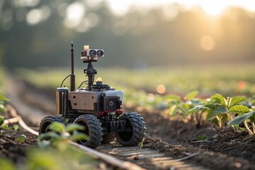Agriculture robot working in the field. Integration of renewable energy and advanced technology to improve efficiency and sustainability practices in modern farming.