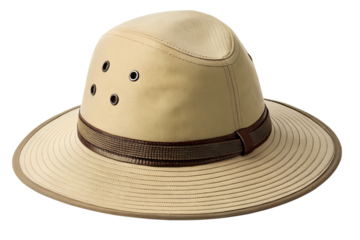 Classic pith helmet tan color with brown band detail on black, pith helmet, safari hat, sun hat, outback hat, khaki, tan, beige, brown, leather, band, detail, adventure, explorer, explorer hat
