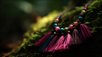 Bohemian macrame necklace with slanted astragal and tassels.