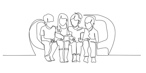 continuous line drawing of group of children reading book together.one line drawing for education,knowledge concept.line art vector illustration