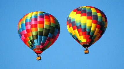 Naklejka premium Two Colorful Hot Air Balloons Soaring in a Clear Blue Sky