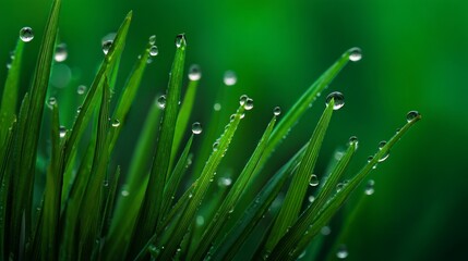 Obraz premium Dewy grass blades with water droplets, a fresh morning's delicate beauty
