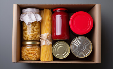 A cardboard box filled with non-perishable food items, including pasta, canned goods, and a bottle of sauce.
pgsql
Kopiuj
Edytuj
