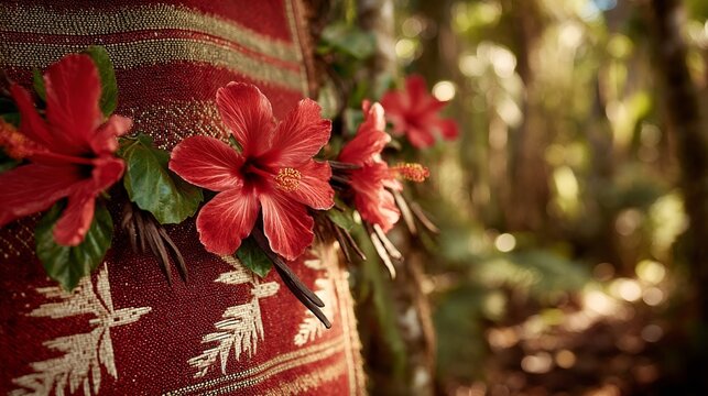 Handwoven lamba with vanilla pods and hibiscus, celebrating Madagascar's vibrant culture and natural bounty.