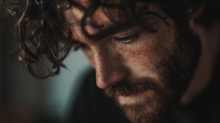 Obraz premium Man in deep thought, looking down with focus. Introspection and quiet determination in a moment of reflection.