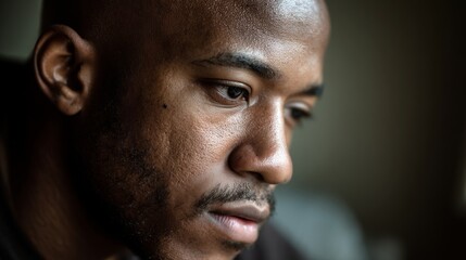 Obraz premium Man in deep thought, looking down with focus. Introspection and quiet determination in a moment of reflection.