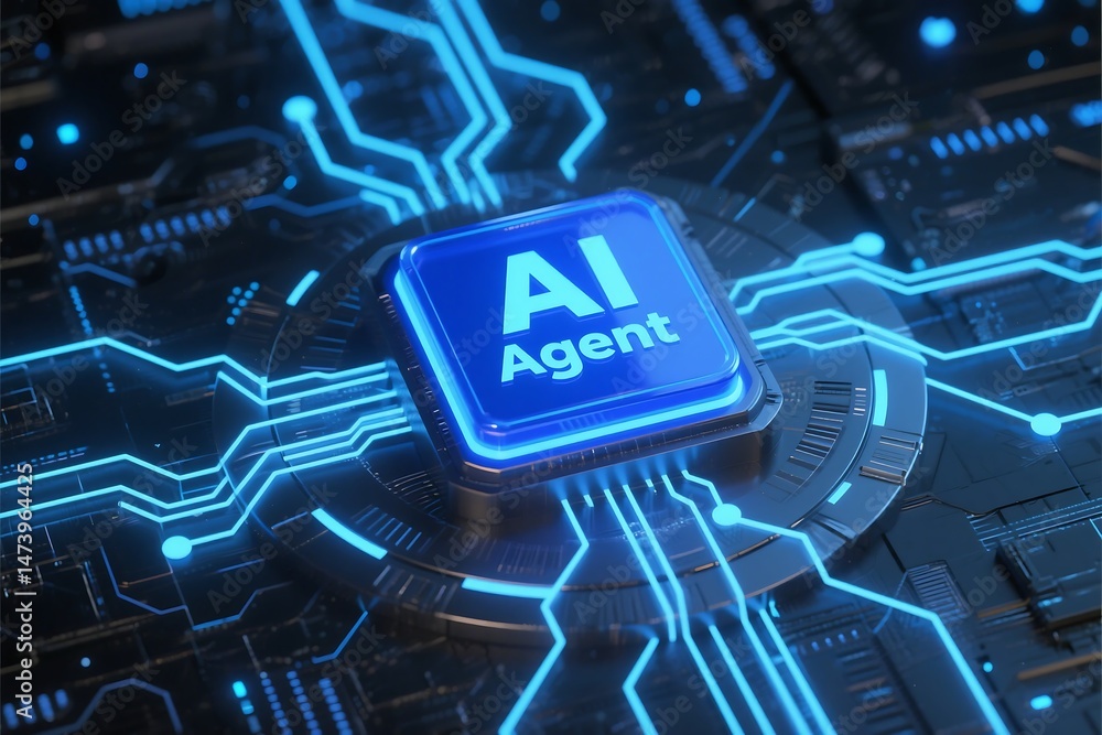 Fototapete high tech conceptual image showing an ai agent chip on a computer motherboard with glowing circuits