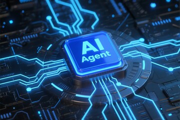 High tech conceptual image showing an ai agent chip on a computer motherboard with glowing circuits