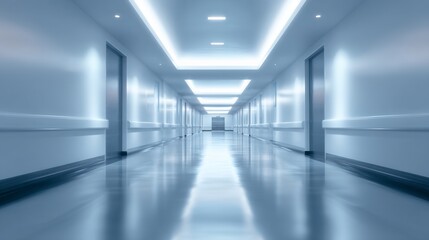Obraz premium Minimalist medical corridor with abstract blur, conveying serenity and modern efficiency in healthcare spaces.