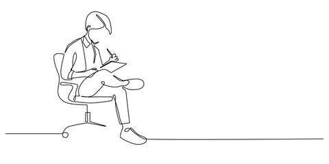 continuous line of business man sitting on chair and writing on notepad.one line drawing for businessman,office worker.line art vector illustration
