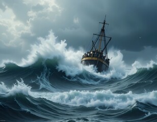 Obraz premium Vintage Ship in Stormy Ocean Waves Under Cloudy Sky