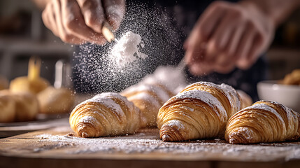 Baker Dusting Powdered Sugar on Fresh Croissants