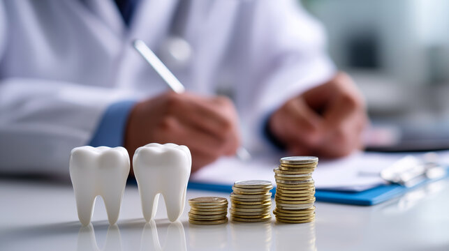 Tooth models and stacked coins on desk with dentist writing in background symbolizing dental costs and healthcare expenses.
 - Powered by Adobe