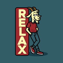 Cool Cartoon Goat Leaning on Relax Sign, Vintage Retro Mascot Illustration