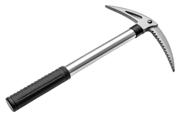 Modern silver ice axe climbing tool isolated on black background, ice axe, climbing, tool, equipment, mountaineering, sport, adventure, metal, silver, steel, sharp, blade, pick, grip, black, isolated