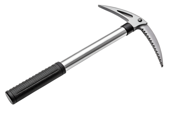 Modern silver ice axe climbing tool isolated on black background, ice axe, climbing, tool, equipment, mountaineering, sport, adventure, metal, silver, steel, sharp, blade, pick, grip, black, isolated