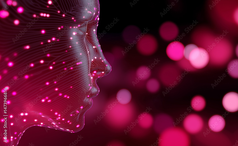 Poster digital human face in profile with glowing pink neural lines and particles symbolizing ai and futuri