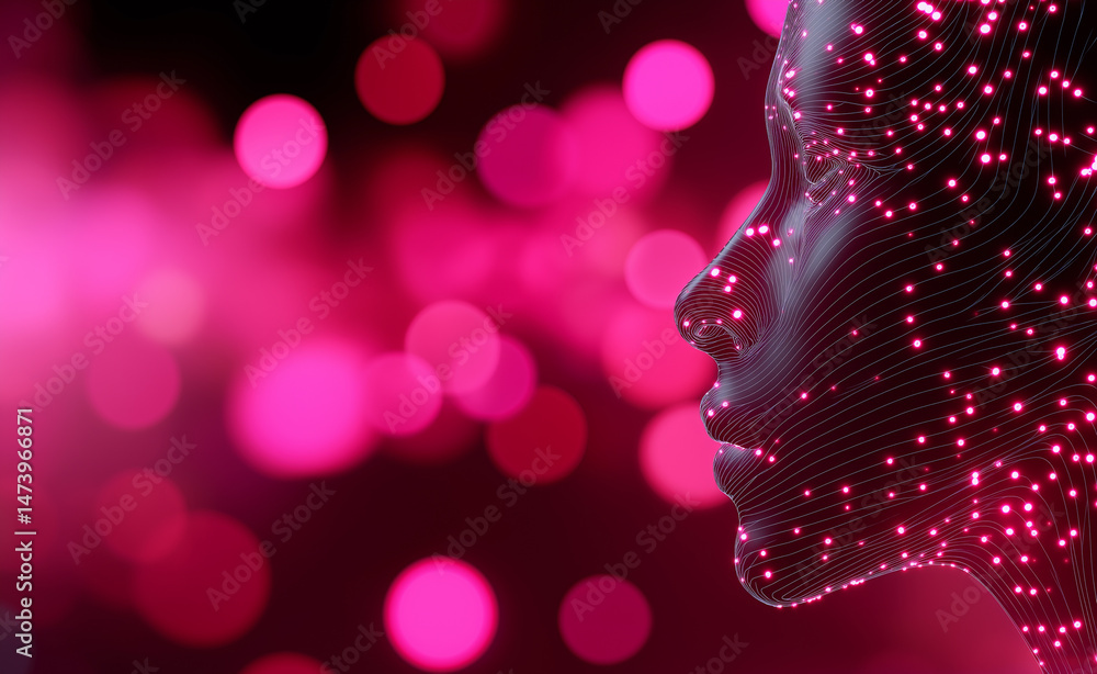 Poster digital human face in profile with glowing pink neural lines and particles symbolizing ai and futuri