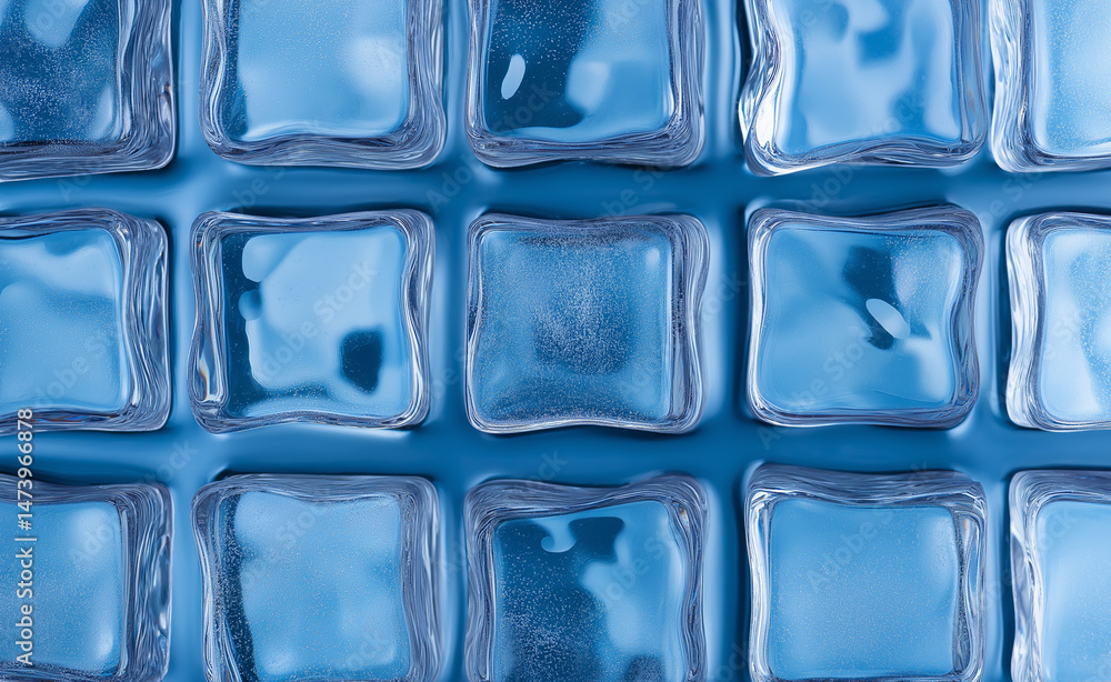 Poster frozen blue ice cubes arranged in a grid pattern viewed from above with smooth, glossy texture.