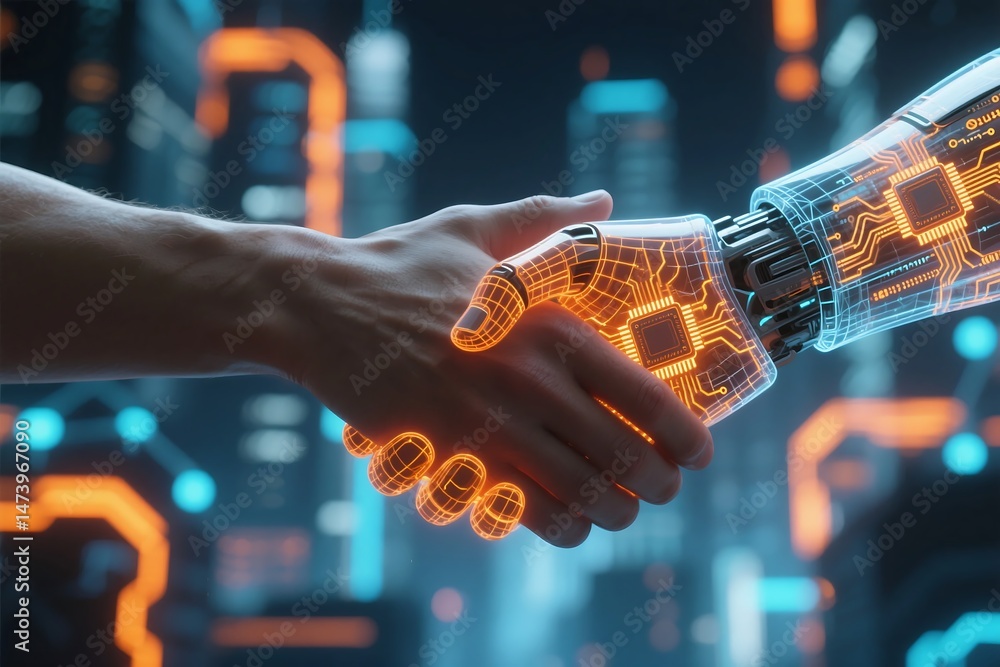 Aufkleber human and robot hands shaking representing collaboration in future technology and artificial intelli