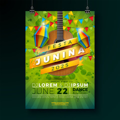 Festa Junina Party Flyer Design with Guitar, Party Flags, Paper Lantern and Typography Lettering on Nature Green Background. Vector Brazil June Festival Illustration for Celebration Poster or Holiday