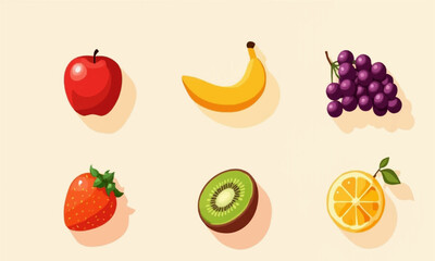 Fruits vector icon set featuring colorful illustrations of apples, bananas, strawberries, grapes, oranges, and watermelons in a clean, playful style—ideal for food, health, or summer-themed designs.