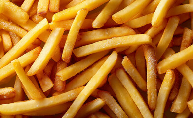A close-up view of a pile of golden, crispy French fries with a light sprinkling of salt.
