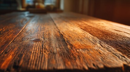 Old wooden table with rich texture, bathed in warm light. A timeless blend of nature and comfort.