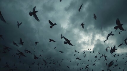 Fototapeta premium Shadowy birds swarm under storm clouds, feathers faintly glowing. A haunting omen of unseen forces gathering.