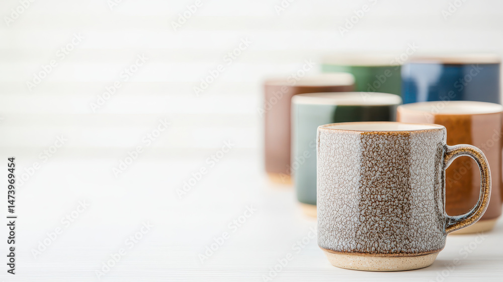 Poster collection of ceramic mugs in various colors and textures arranged on light background, creating ser