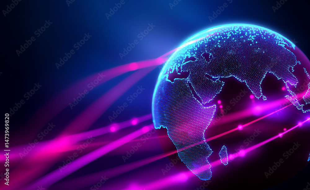 Poster glowing digital earth with neon pink data streams flowing around it symbolizing global connectivity 