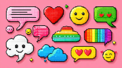 Fototapeta premium Pixel art speech bubbles with fun emoticons on vibrant pink background