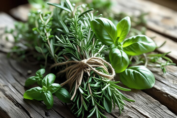 Freshly bundled herbs consisting of rosemary and basil on a rustic wooden table. The vibrant green colors and natural textures emphasize the freshness and aromatic qualities of the herbs.