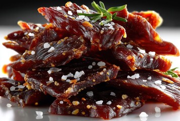 Delicious and Savory Beef Jerky Stacked with Sea Salt Sprinkles on a Bright Background Perfect for Snack Lovers and Gourmet Food Enthusiasts
