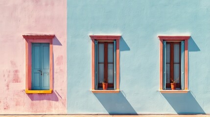 Obraz premium Pastel facade with simple details, a clean urban backdrop. Minimalist charm in soft daylight.