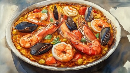 A watercolor painting showcases a delicious seafood paella, filled with shrimp, mussels, and vibrant tomatoes served in a large traditional pan on a white plate.