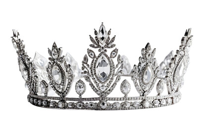 Front view of a silver diamond crown for a beauty queen pageant, featuring a crystal tiara adorned with gemstones and pearls. transparent background