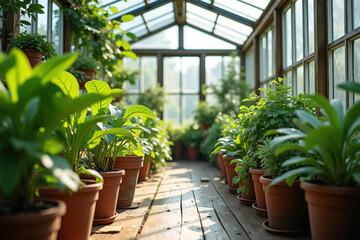 Greenhouse interior featuring abundant green plants and colorful flowers growing on multiple shelves and planters. Sunlight filters through the glass, creating a thriving garden environment.