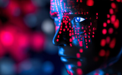 Futuristic humanoid face with glowing binary code patterns in red and blue lighting.
