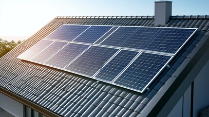 Fototapeta premium Solar panels installed on a residential roof efficiently converting sunlight to renewable energy, promoting sustainability and reducing environmental impact globally.