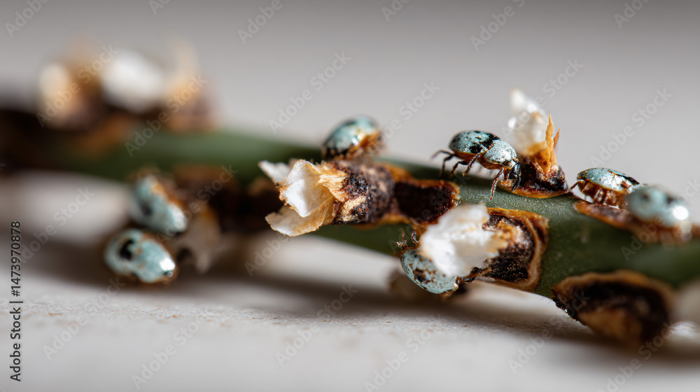 Poster cactus radical decay due to severe mealybug plague isolated on a livid background with transcript sp