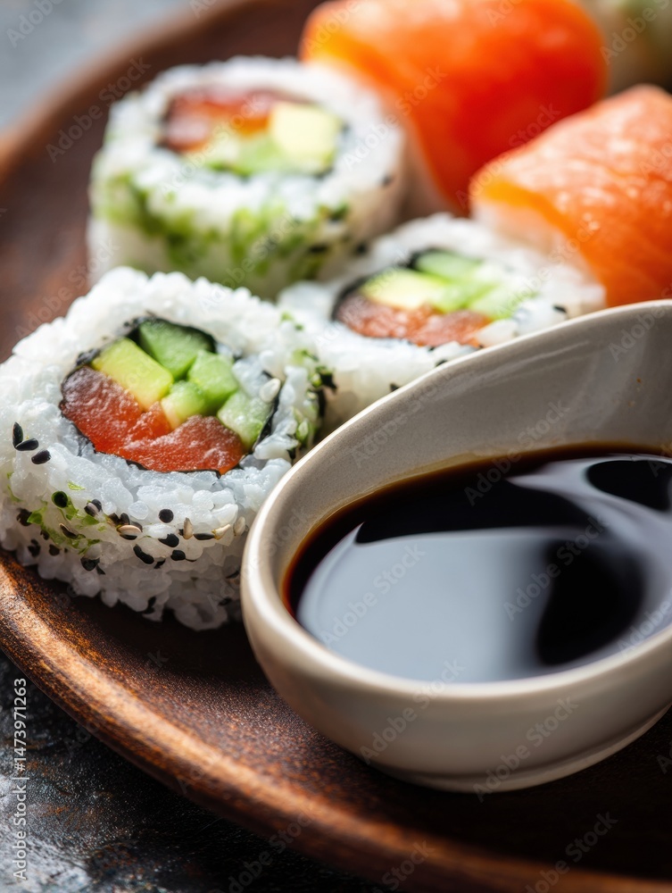 Poster sushi roll close-up with fresh ingredients and soy sauce on textured background showcasing a culinar