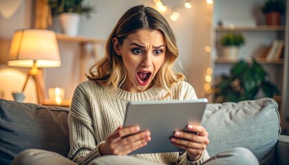 Surprising reaction to news on tablet living room digital content cozy environment close-up view