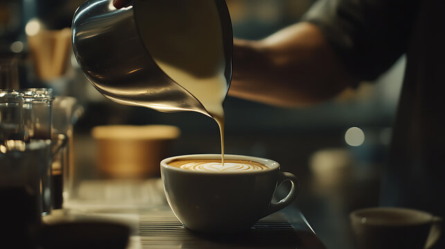 Barista Pouring Steamed Milk into a Cup of Coffee