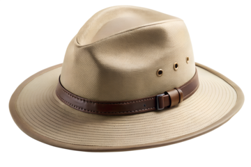 Tan safari hat with brown leather band on black background, safari hat, outback hat, straw hat, pith helmet, adventure hat, sun hat, headwear, tan hat, beige hat, khaki hat, leather band, brown