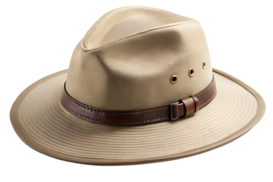 Tan safari hat with brown leather band on black background, safari hat, outback hat, straw hat, pith helmet, adventure hat, sun hat, headwear, tan hat, beige hat, khaki hat, leather band, brown